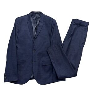 H&M 40R 32x30 Skinny Slim Fit Navy Blue 2pc Pant Suit Flat Front Tapered Modern